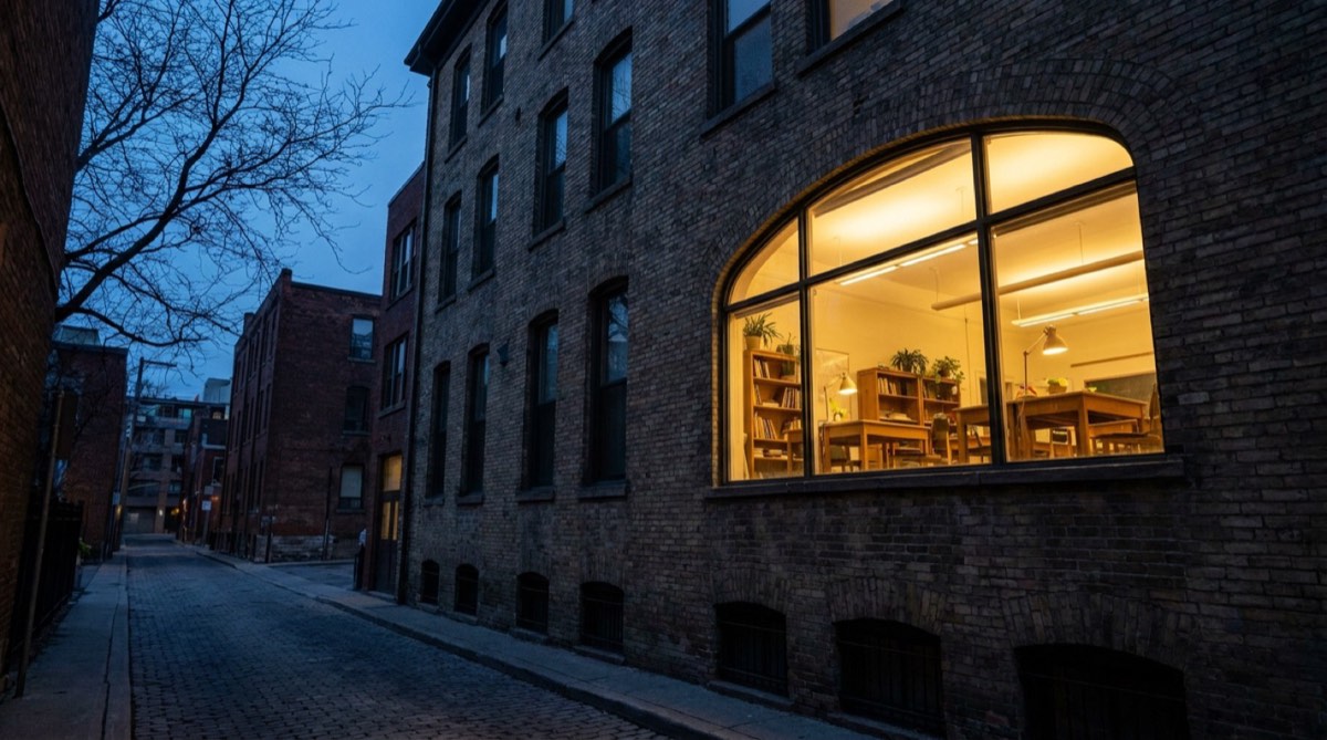 A student working through coursework in an evening class on Danforth Avenue