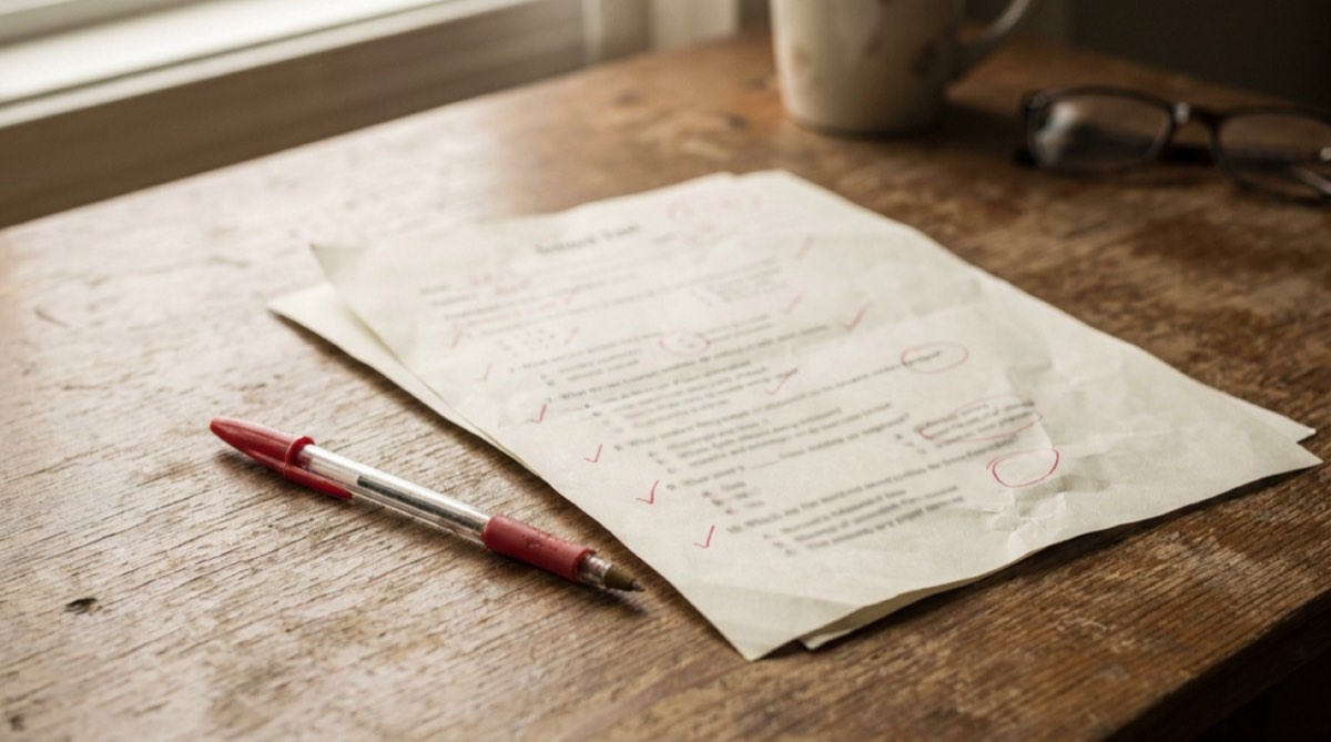 A parent and student reading a high school report card together at a kitchen table