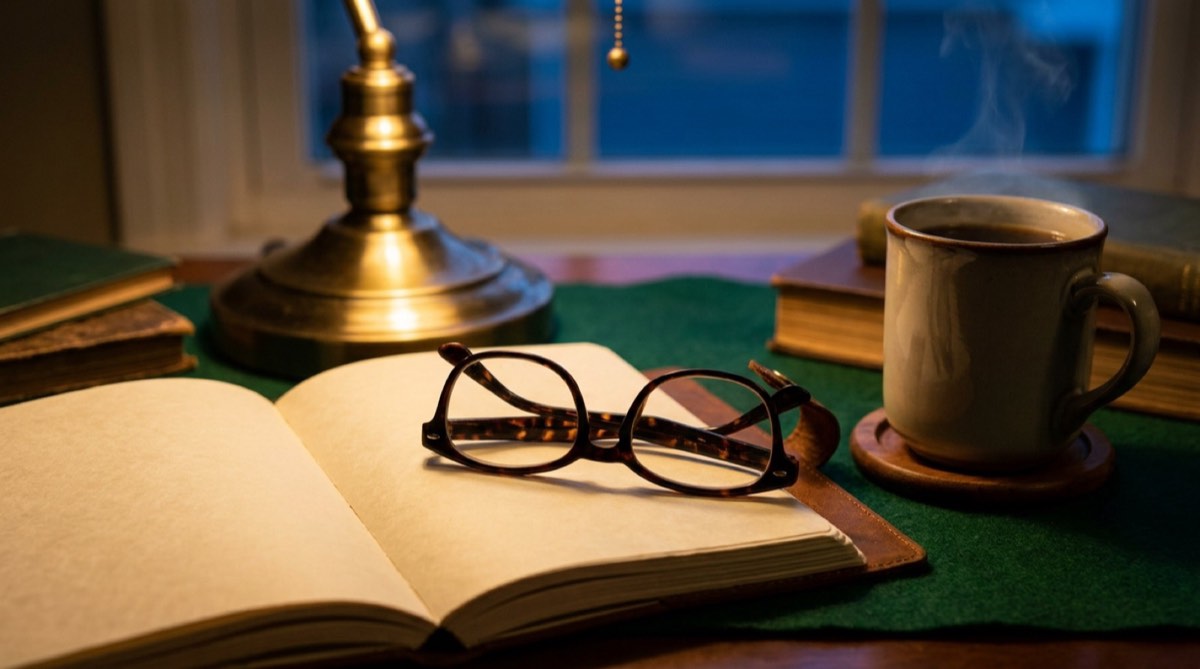 An adult student working at a desk with a notebook in the evening