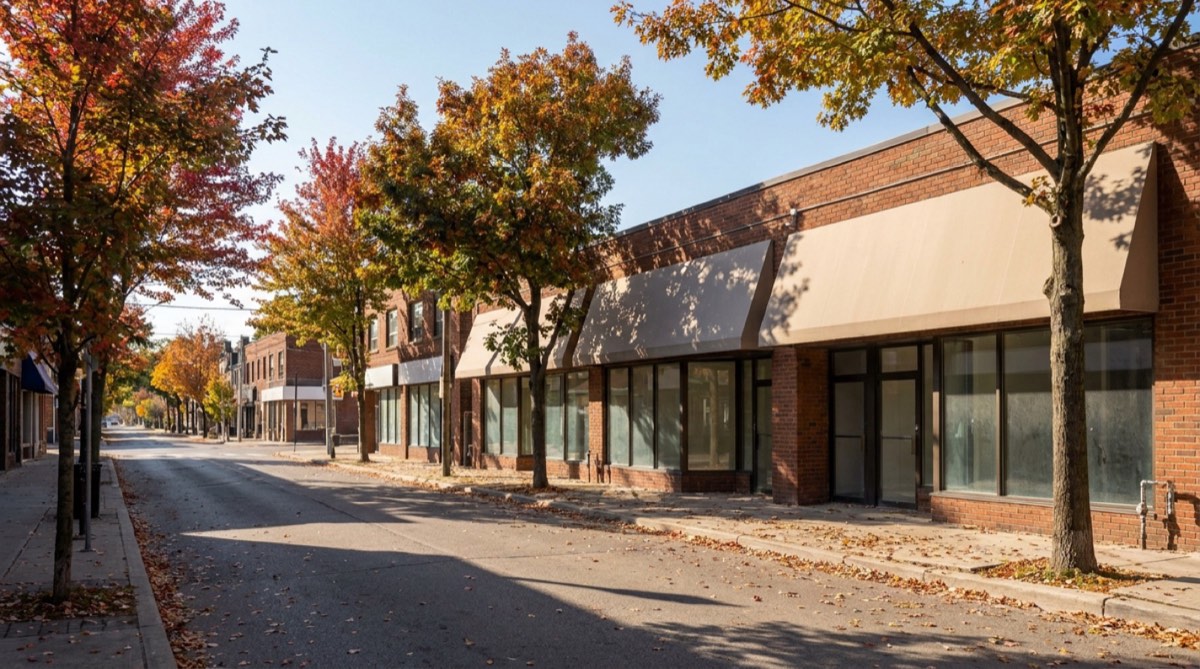 Shopfronts and awnings along a stretch of Danforth Avenue in Toronto