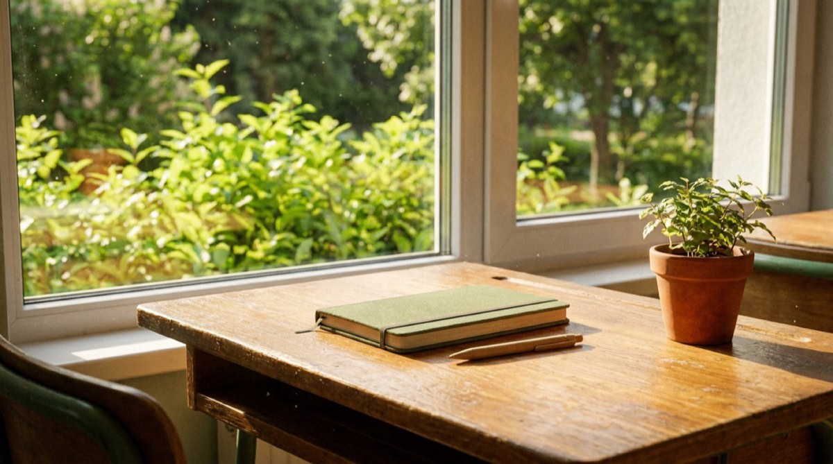 A student working through a textbook at a desk on a bright summer afternoon